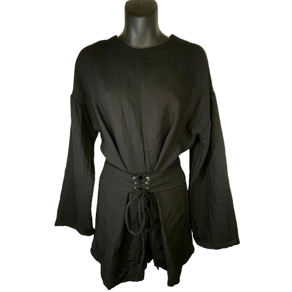 PFEIFFER Linen Black Short Jumpsuit Romper Long Sleeve Adjustable Lace Up Waist‎